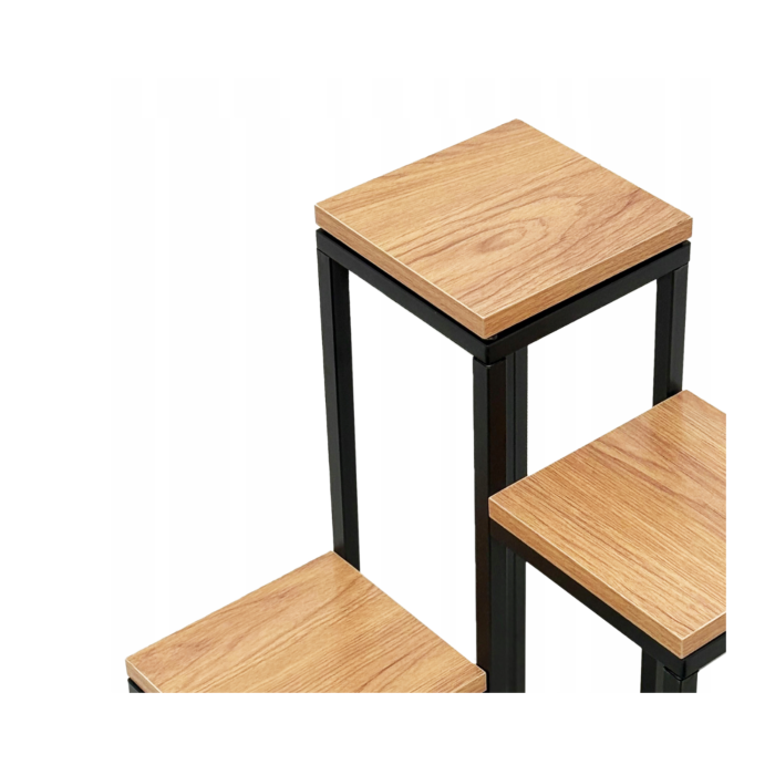 Suport pentru flori VarioShop® metalic tip etajera, 3 niveluri, stil loft industrial, rafturi pentru plante, negru cu finisaj lemn, inaltime 67 cm [5]