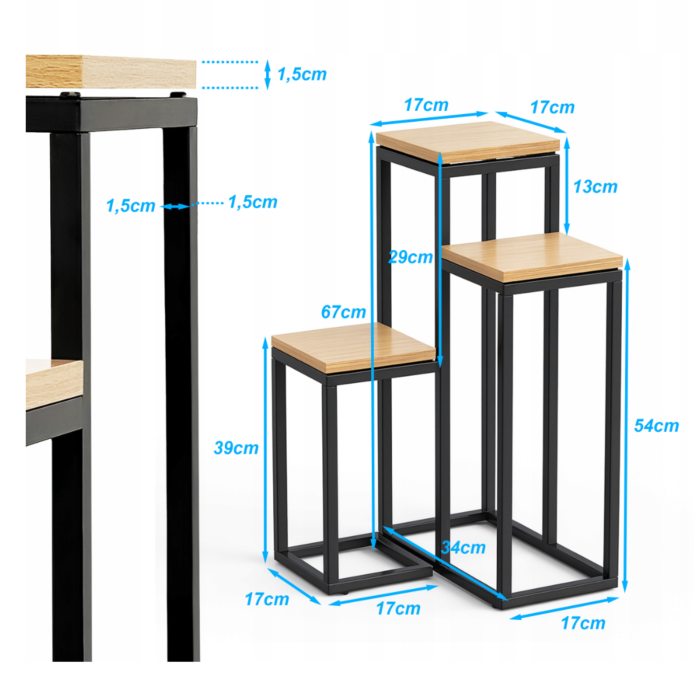 Suport pentru flori VarioShop® metalic tip etajera, 3 niveluri, stil loft industrial, rafturi pentru plante, negru cu finisaj lemn, inaltime 67 cm [8]