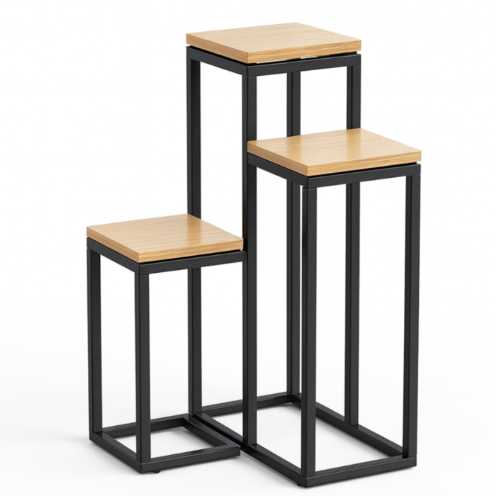 Suport pentru flori VarioShop® metalic tip etajera, 3 niveluri, stil loft industrial, rafturi pentru plante, negru cu finisaj lemn, inaltime 67 cm [10]