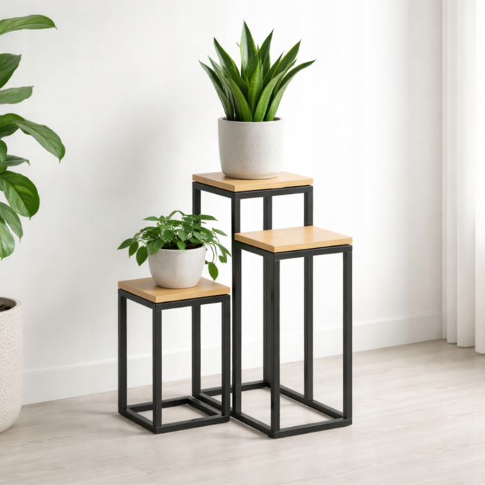 Suport pentru flori VarioShop® metalic tip etajera, 3 niveluri, stil loft industrial, rafturi pentru plante, negru cu finisaj lemn, inaltime 67 cm [3]