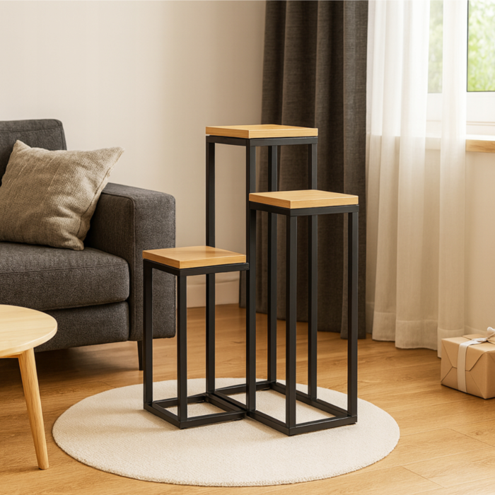 Suport pentru flori VarioShop® metalic tip etajera, 3 niveluri, stil loft industrial, rafturi pentru plante, negru cu finisaj lemn, inaltime 67 cm [4]