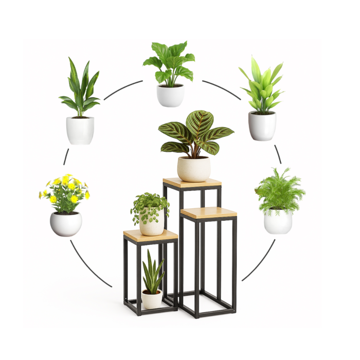 Suport pentru flori VarioShop® metalic tip etajera, 3 niveluri, stil loft industrial, rafturi pentru plante, negru cu finisaj lemn, inaltime 67 cm [6]