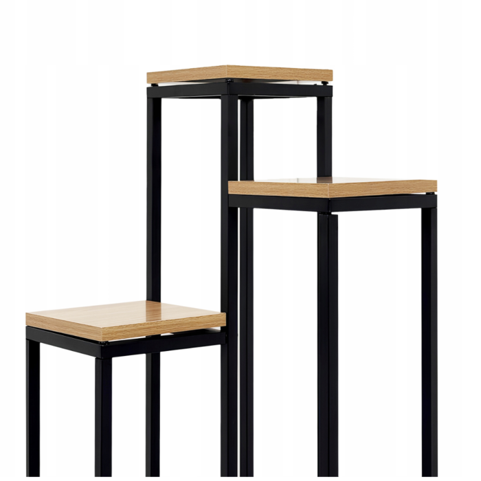 Suport pentru flori VarioShop® metalic tip etajera, 3 niveluri, stil loft industrial, rafturi pentru plante, negru cu finisaj lemn, inaltime 67 cm [9]