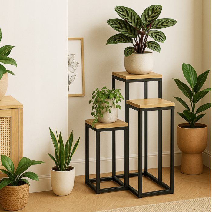 Suport pentru flori VarioShop® metalic tip etajera, 3 niveluri, stil loft industrial, rafturi pentru plante, negru cu finisaj lemn, inaltime 67 cm [2]