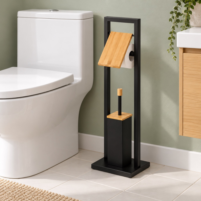 Suport pentru hartie igienica si perie de toaleta VarioShop®, baza ingreunata, recipient interior detasabil, metal sii bambus, 72 cm, negru mat  [7]