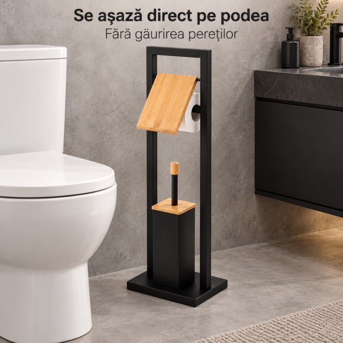 Suport pentru hartie igienica si perie de toaleta VarioShop®, baza ingreunata, recipient interior detasabil, metal sii bambus, 72 cm, negru mat  [8]