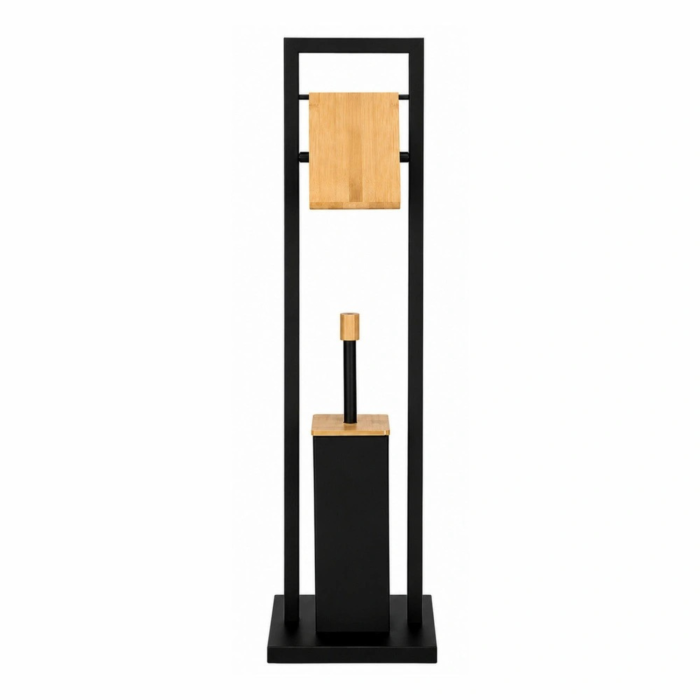 Suport pentru hartie igienica si perie de toaleta VarioShop®, baza ingreunata, recipient interior detasabil, metal sii bambus, 72 cm, negru mat  [10]