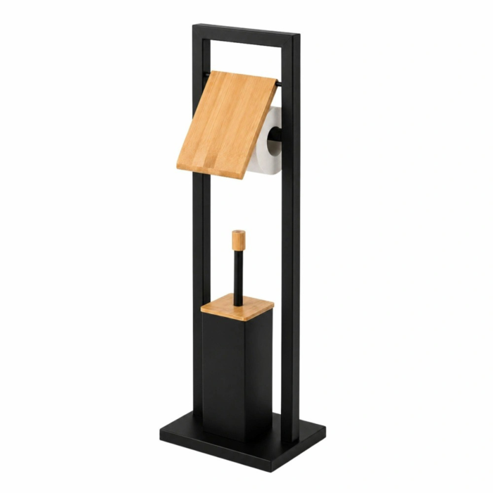 Suport pentru hartie igienica si perie de toaleta VarioShop®, baza ingreunata, recipient interior detasabil, metal sii bambus, 72 cm, negru mat  [11]