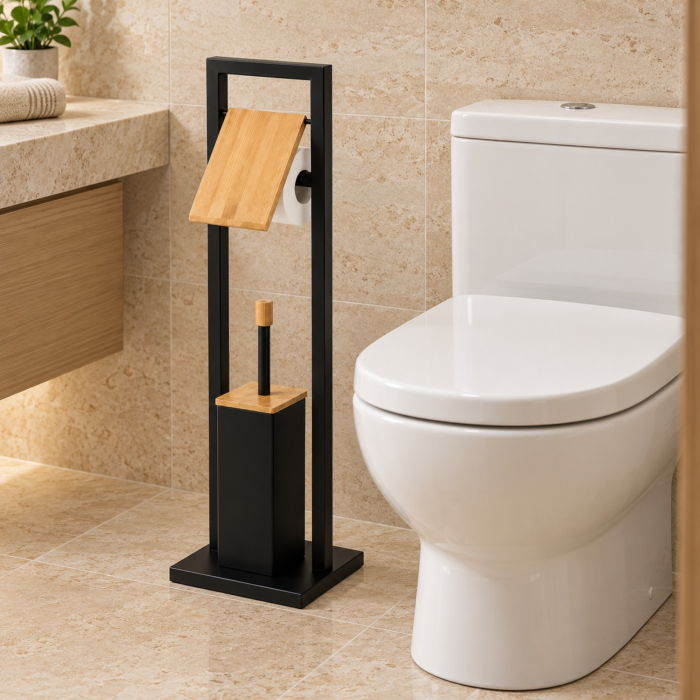 Suport pentru hartie igienica si perie de toaleta VarioShop®, baza ingreunata, recipient interior detasabil, metal sii bambus, 72 cm, negru mat  [6]