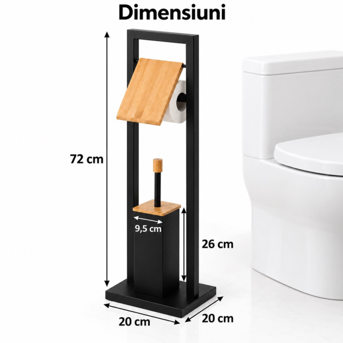 Suport pentru hartie igienica si perie de toaleta VarioShop®, baza ingreunata, recipient interior detasabil, metal sii bambus, 72 cm, negru mat  [5]