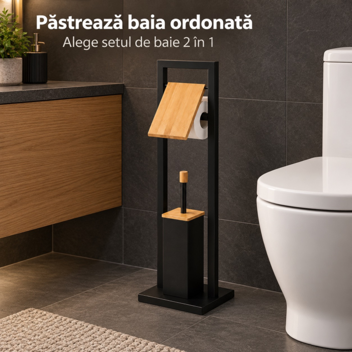 Suport pentru hartie igienica si perie de toaleta VarioShop®, baza ingreunata, recipient interior detasabil, metal sii bambus, 72 cm, negru mat  [2]