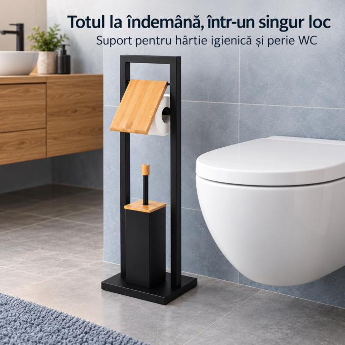 Suport pentru hartie igienica si perie de toaleta VarioShop®, baza ingreunata, recipient interior detasabil, metal sii bambus, 72 cm, negru mat  [4]