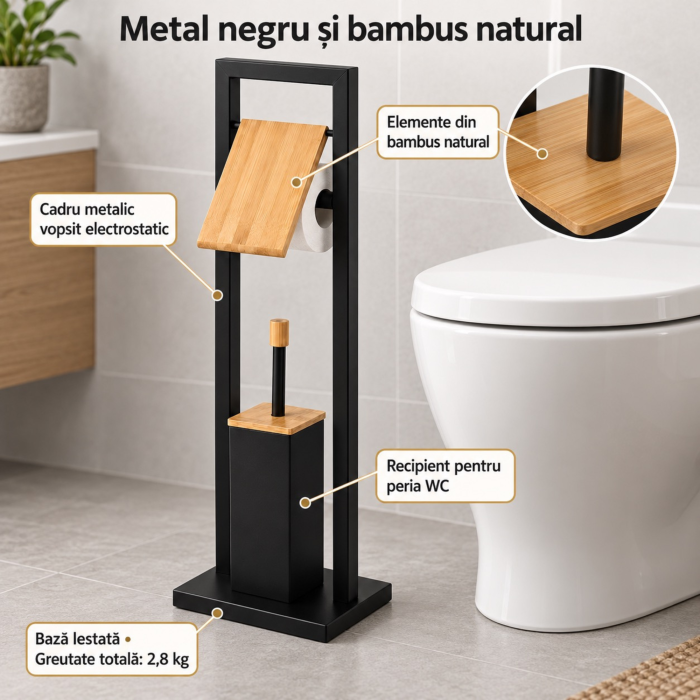 Suport pentru hartie igienica si perie de toaleta VarioShop®, baza ingreunata, recipient interior detasabil, metal sii bambus, 72 cm, negru mat  [3]