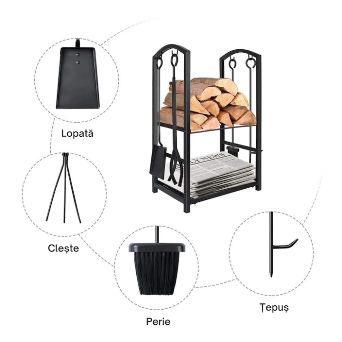 Suport pentru lemne VarioShop®, cu accesorii 4 in 1 cleste, lopata, matura si vatrai, otel inoxidabil, finisaj mat, capacitate 30 kg, pentru interior si exterior [2]