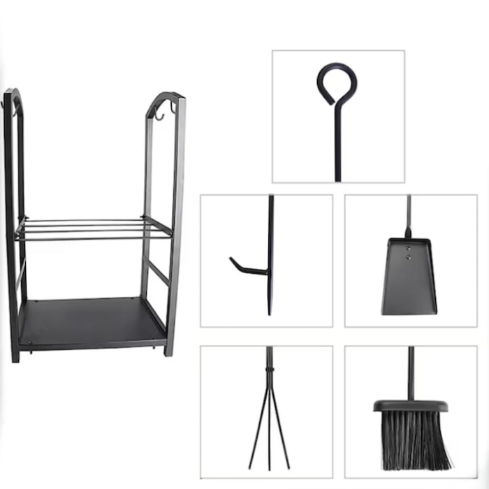 Suport pentru lemne VarioShop®, cu accesorii 4 in 1 cleste, lopata, matura si vatrai, otel inoxidabil, finisaj mat, capacitate 30 kg, pentru interior si exterior [9]