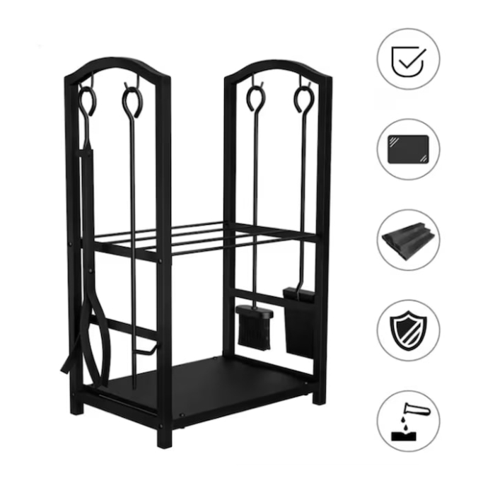 Suport pentru lemne VarioShop®, cu accesorii 4 in 1 cleste, lopata, matura si vatrai, otel inoxidabil, finisaj mat, capacitate 30 kg, pentru interior si exterior [7]