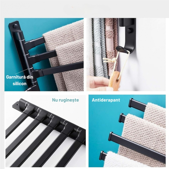 Suport pentru prosoape VarioShop®, 4 brate, Rezistent la Apa, Rugina, Lipire/Perforare, Otel Inoxidabil, Dimensiune 30 cm, Negru [6]
