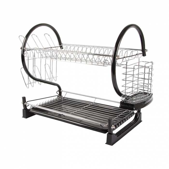 Suport pentru uscarea vaselor pe 2 nivele VarioShop®, Capacitate 16 vase si 6 pahare, Suport tacamuri, Tava de plastic pentru scurgerea excesului de apa, Dimensiuni 38 x 52 x 25.5 cm, Negru [15]