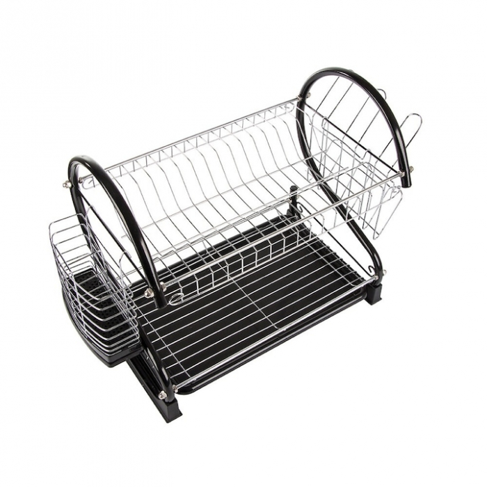 Suport pentru uscarea vaselor pe 2 nivele VarioShop®, Capacitate 16 vase si 6 pahare, Suport tacamuri, Tava de plastic pentru scurgerea excesului de apa, Dimensiuni 38 x 52 x 25.5 cm, Negru [14]