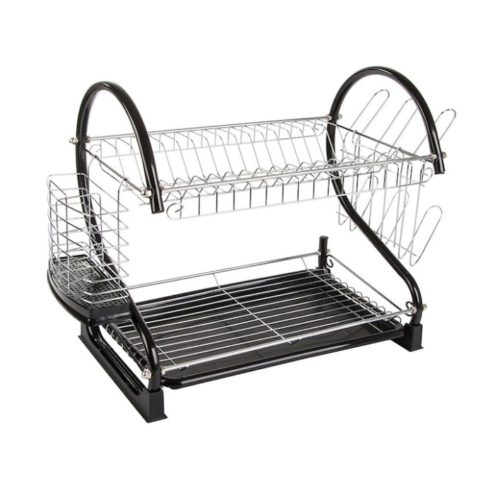 Suport pentru uscarea vaselor pe 2 nivele VarioShop®, Capacitate 16 vase si 6 pahare, Suport tacamuri, Tava de plastic pentru scurgerea excesului de apa, Dimensiuni 38 x 52 x 25.5 cm, Negru [17]