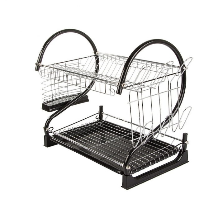 Suport pentru uscarea vaselor pe 2 nivele VarioShop®, Capacitate 16 vase si 6 pahare, Suport tacamuri, Tava de plastic pentru scurgerea excesului de apa, Dimensiuni 38 x 52 x 25.5 cm, Negru [11]