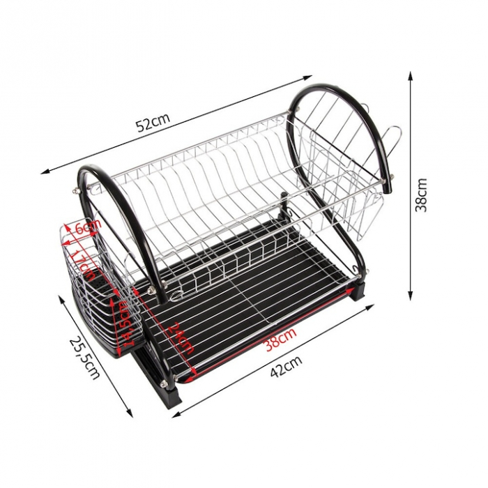 Suport pentru uscarea vaselor pe 2 nivele VarioShop®, Capacitate 16 vase si 6 pahare, Suport tacamuri, Tava de plastic pentru scurgerea excesului de apa, Dimensiuni 38 x 52 x 25.5 cm, Negru [3]