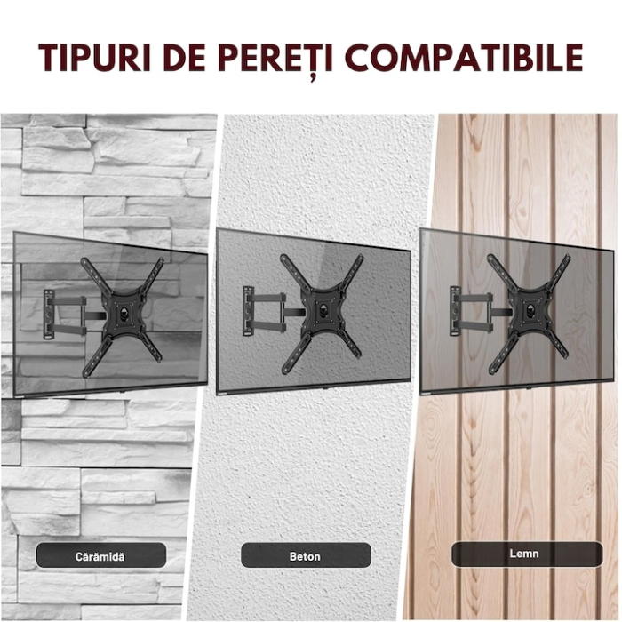Suport perete TV reglabil VarioShop®, 10–32”, universal, brat extensibil 43 cm, inclinare si rotatie 360°, compatibil VESA 75x75/100x100, 20 kg, cu nivel inclusa, negru [3]