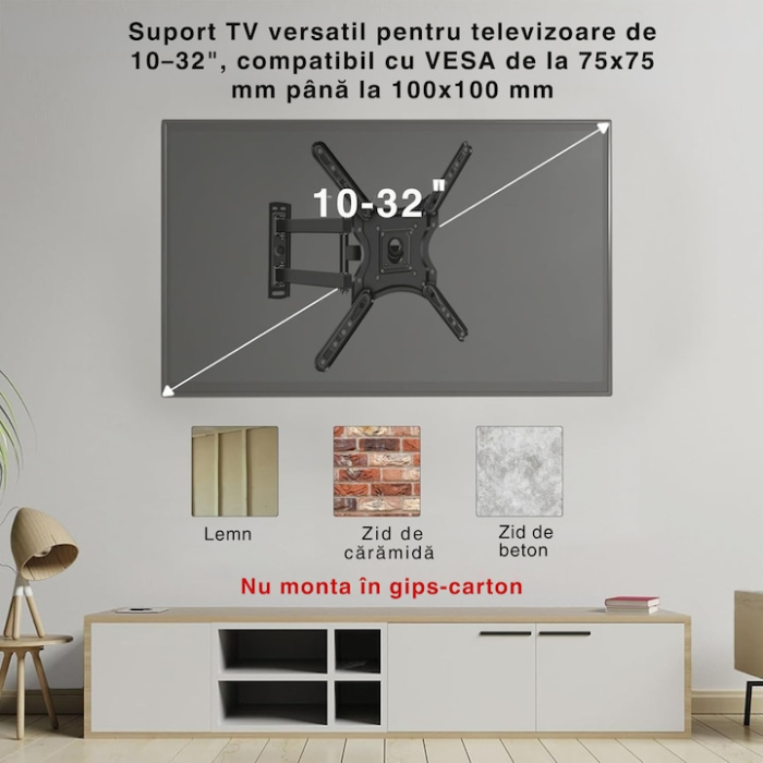 Suport perete TV reglabil VarioShop®, 10–32”, universal, brat extensibil 43 cm, inclinare si rotatie 360°, compatibil VESA 75x75/100x100, 20 kg, cu nivel inclusa, negru [10]
