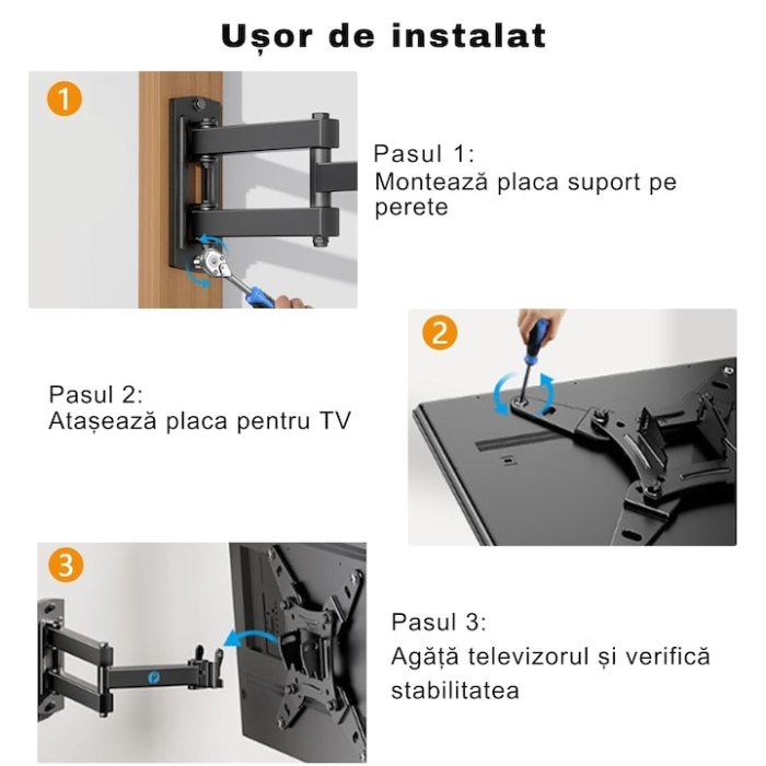 Suport perete TV reglabil VarioShop®, 10–32”, universal, brat extensibil 43 cm, inclinare si rotatie 360°, compatibil VESA 75x75/100x100, 20 kg, cu nivel inclusa, negru [4]
