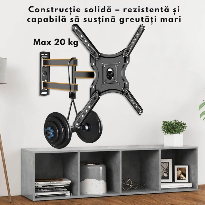 Suport perete TV reglabil VarioShop®, 10–32”, universal, brat extensibil 43 cm, inclinare si rotatie 360°, compatibil VESA 75x75/100x100, 20 kg, cu nivel inclusa, negru [6]