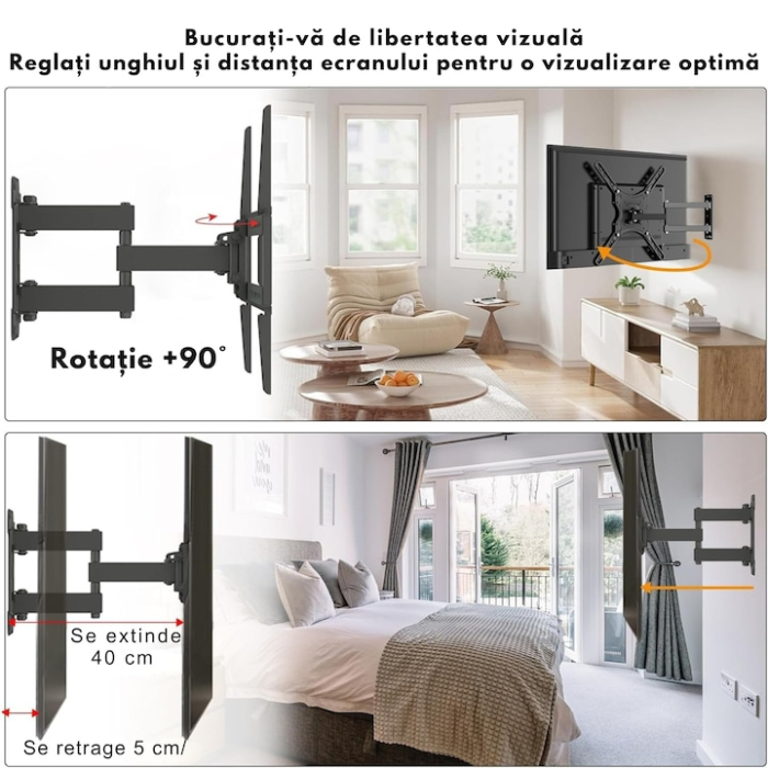Suport perete TV reglabil VarioShop®, 10–32”, universal, brat extensibil 43 cm, inclinare si rotatie 360°, compatibil VESA 75x75/100x100, 20 kg, cu nivel inclusa, negru [5]