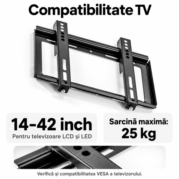 Suport perete TV VarioShop®, 14–42 inch, compatibil LCD si LED, sustine pana la 25 kg, prindere VESA, structura din otel, suruburi si accesorii de montaj incluse, negru [5]