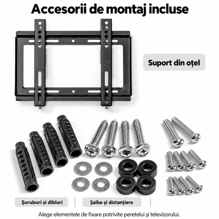 Suport perete TV VarioShop®, 14–42 inch, compatibil LCD si LED, sustine pana la 25 kg, prindere VESA, structura din otel, suruburi si accesorii de montaj incluse, negru [6]