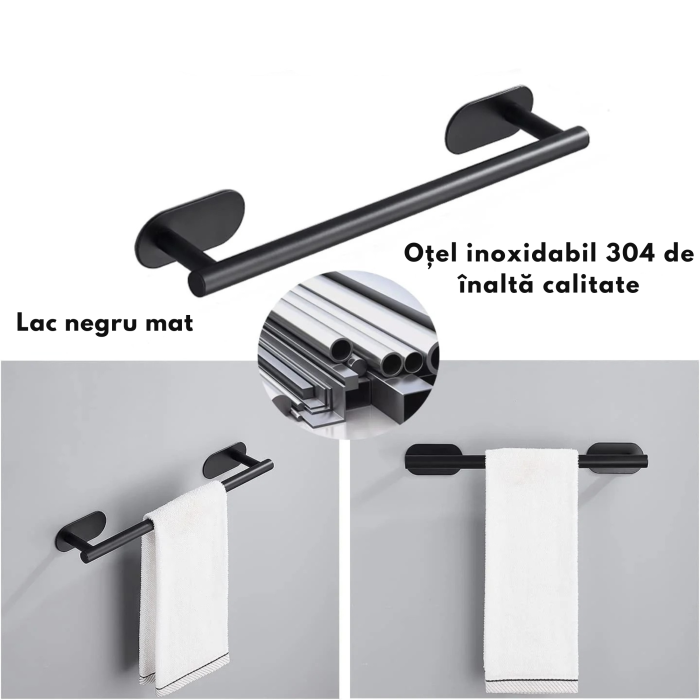 Suport prosop metalic negru din otel inoxidabil VarioShop®, cu montaj autoadeziv sau cu suruburi, ideal pentru bucatarie si baie, economiseste spatiu, 40 cm, Negru [2]