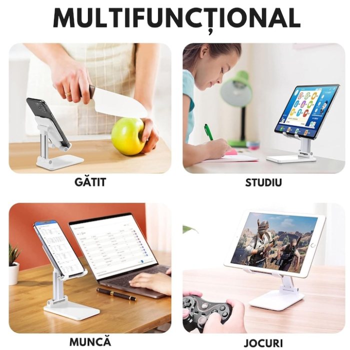 Suport reglabil pentru telefon sau tableta VarioShop®, reglabil, pliabil, stabil, compatibilitate universala, 10.5 x 6.5 cm, Alb [2]