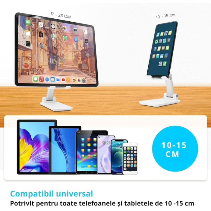 Suport reglabil pentru telefon sau tableta VarioShop®, reglabil, pliabil, stabil, compatibilitate universala, 10.5 x 6.5 cm, Alb [3]
