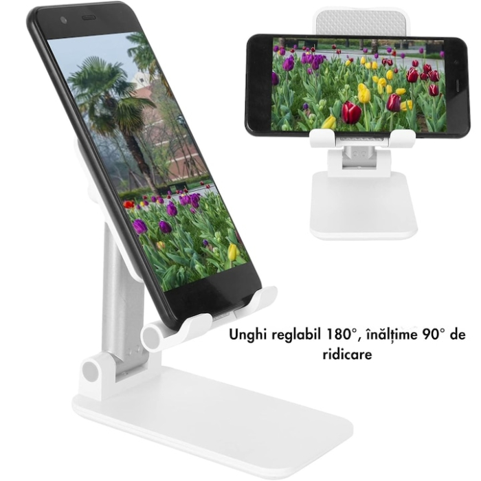 Suport reglabil pentru telefon sau tableta VarioShop®, reglabil, pliabil, stabil, compatibilitate universala, 10.5 x 6.5 cm, Alb [6]