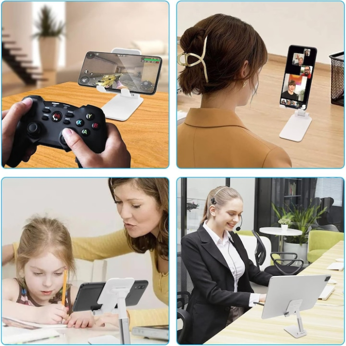 Suport reglabil pentru telefon sau tableta VarioShop®, reglabil, pliabil, stabil, compatibilitate universala, 10.5 x 6.5 cm, Alb [10]