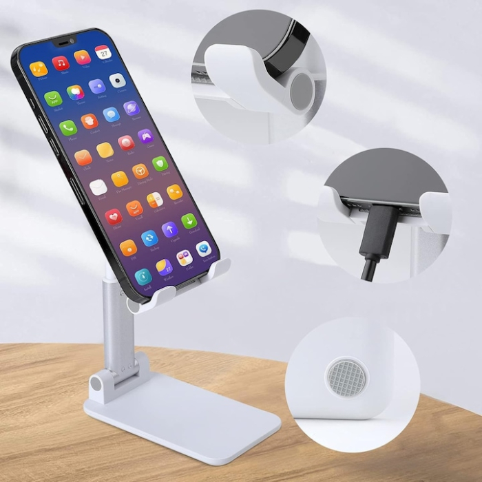 Suport reglabil pentru telefon sau tableta VarioShop®, reglabil, pliabil, stabil, compatibilitate universala, 10.5 x 6.5 cm, Alb [7]