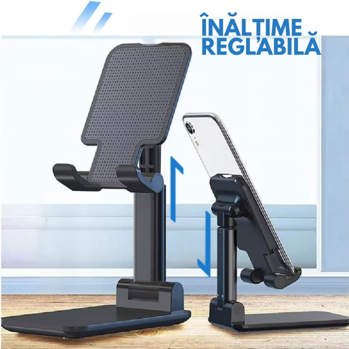 Suport reglabil pentru telefon sau tableta VarioShop®, reglabil, pliabil, stabil, compatibilitate universala, 10.5 x 6.5 cm, Negru [2]
