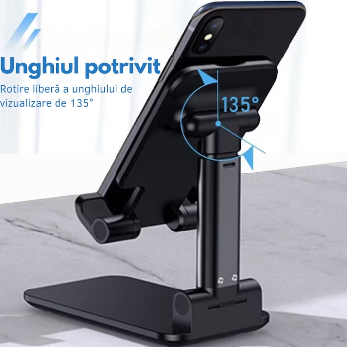 Suport reglabil pentru telefon sau tableta VarioShop®, reglabil, pliabil, stabil, compatibilitate universala, 10.5 x 6.5 cm, Negru [3]