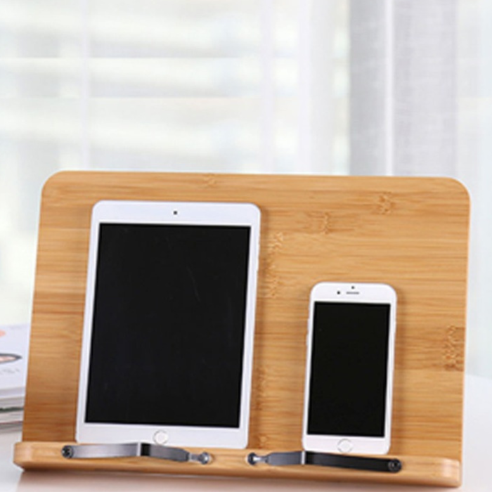 Suport tip stand pentru carti VarioShop®, potrivit pentru laptop, tableta, 2 brate reglabile, 6 nivele de ajustare, portabil, 21 x 28 x 13-18,5 cm, bambus, Maro [9]