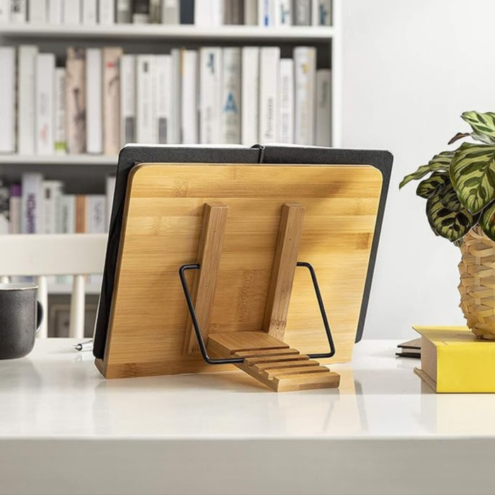 Suport tip stand pentru carti VarioShop®, potrivit pentru laptop, tableta, 2 brate reglabile, 6 nivele de ajustare, portabil, 21 x 28 x 13-18,5 cm, bambus, Maro [11]