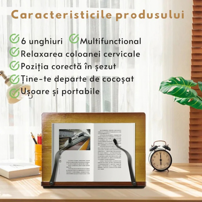 Suport tip stand pentru carti VarioShop®, potrivit pentru laptop, tableta, 2 brate reglabile, 6 nivele de ajustare, portabil, 21 x 28 x 13-18,5 cm, bambus, Maro [10]