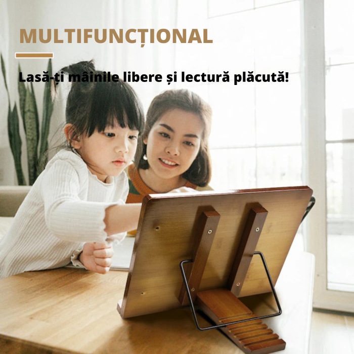 Suport tip stand pentru carti VarioShop®, potrivit pentru laptop, tableta, 2 brate reglabile, 6 nivele de ajustare, portabil, 21 x 28 x 13-18,5 cm, bambus, Maro [4]