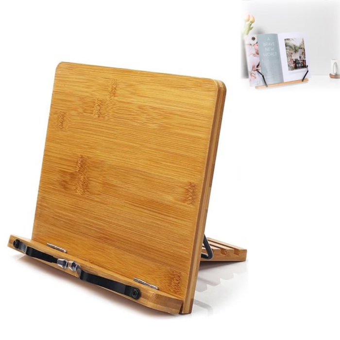 Suport tip stand pentru carti VarioShop®, potrivit pentru laptop, tableta, 2 brate reglabile, 6 nivele de ajustare, portabil, 21 x 28 x 13-18,5 cm, bambus, Maro [25]