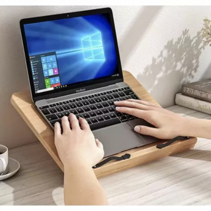 Suport tip stand pentru carti VarioShop®, potrivit pentru laptop, tableta, 2 brate reglabile, 6 nivele de ajustare, portabil, 21 x 28 x 13-18,5 cm, bambus, Maro [4]