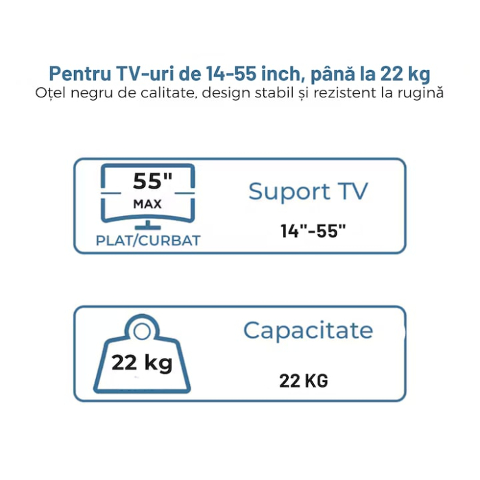 Suport TV de perete VarioShop®, universal, 14–55 inch, reglabil, înclinare ±15°, sarcină maximă 22 kg, negru [3]