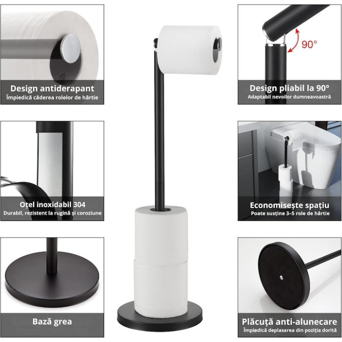 Suport vertical 2 in 1 pentru hartie igienica VarioShop®, design modern, otel inoxidabil, cu baza antiderapanta si depozitare pentru role de rezerva, ideal pentru baie, toaleta, spatii mici, Negru [2]