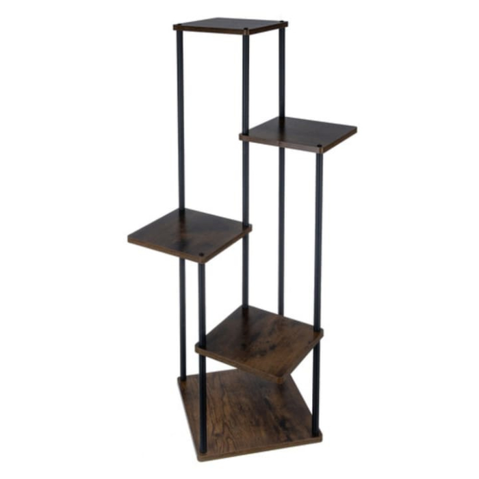 Suport vertical pentru flori si plante VarioShop®, 5 niveluri stil loft industrial, cadru metalic negru cu rafturi MDF culoare lemn, stabil si rezistent, capacitate 75 kg, pentru interior sau balcon [12]